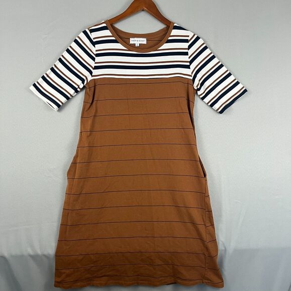Piper & Scoot Shirt Dress Sz SM Caffeine Brown Stipe With Pockets Cotton - Picture 1 of 7